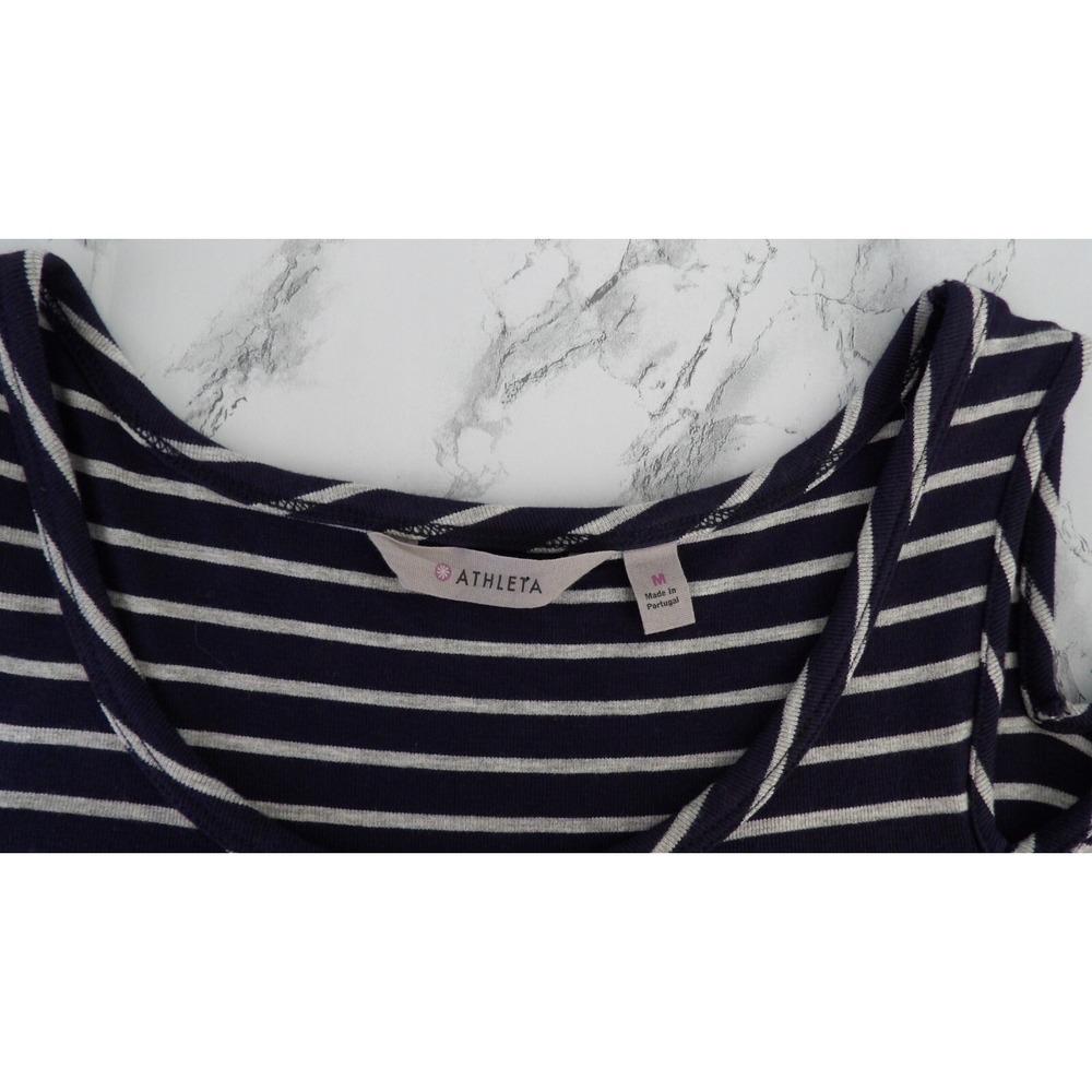 Athleta Knit T-shirt Dress Navy Blue White Striped Cold Shoulder Nautical Size M - Picture 9 of 10
